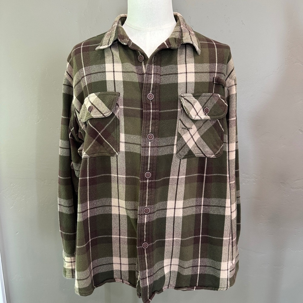 Cabelas Flannel Shirt 2XL Green Brown Plaid Heavyweight Shacket Gorpcore Cabin